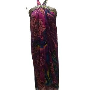 Ai Authentic Icon Mod Purple Swirl Abstract Midi Halter Dress Gold Sequins Med